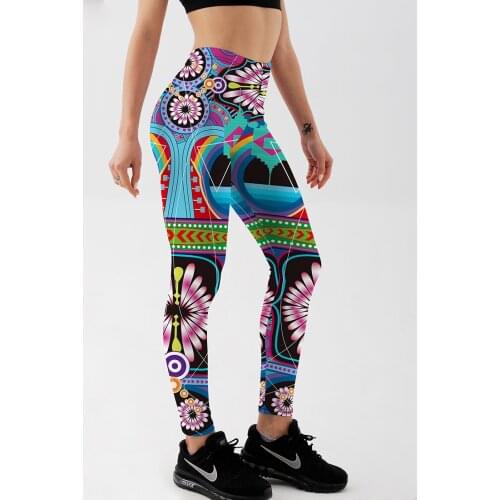 Qickitout Leggings 12%spandex Fitness Leggings for Women Sexy Printed Retro Colored Ethnic Flowers Stretch Pants