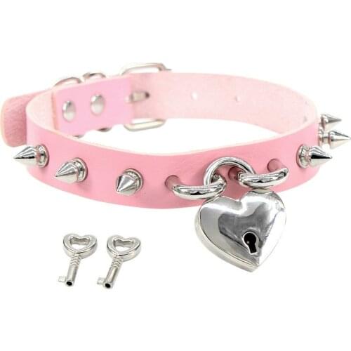 2020 Heart Bondage Spike Choker Necklace Pendant Women Gothic Collar Goth Punk PU Leather Heart Key Lock Necklace Neck Jewelry