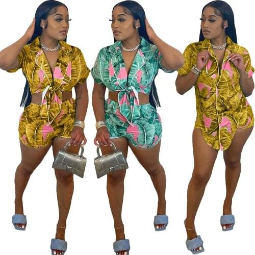 Floral Printed Casual Women Two Piece Sets Turn-Down Collar Short Sleeve Bandage Top Shorts Beach Streetwear Female Outfits