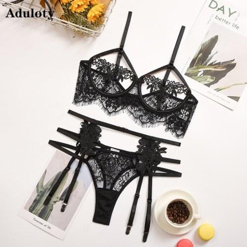 Womens Sexy eyelashes lace flowers perspective hollow Sexy garter belt erotic lingerie underwire gathering bra underwear set