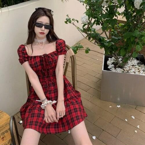 Harajuku Punk Style Gothic Lolita Dress Women 2021 Summer New Basis Slim Waist Plaid Mini Dress One Piece Japanese Bandage Dress