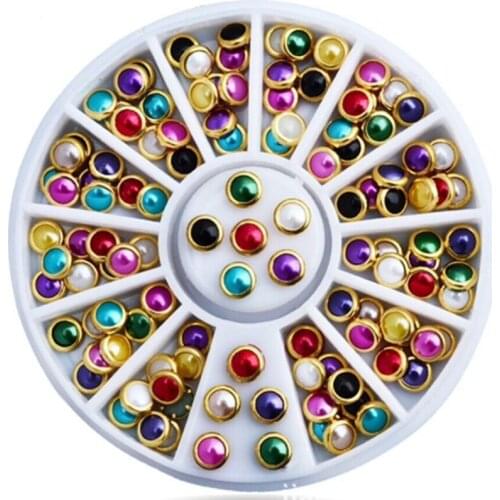 1 Wheel Colorful Pearl Rivets Nail Rhinestones Round 4mm Metal Edge Glitter Nail Beads Studs Nail Art DIY Pearls Decorations