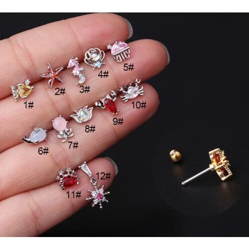 12Styles 1Pc Stainless Steel Luxury Crystal Zircon Colorful Ocean Stud Earring Fashion Earrings Body Jewelry Piercing Earrings