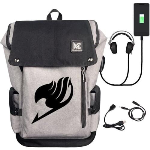 16" Fairy Tail USB Backpack Bag Zipper Manager Casual Fan Girl Boys Computer Laptop School Students Anime Gifts