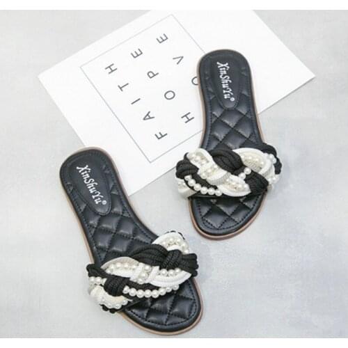 2020 Summer New Womens Sandals Linen Flower Color Woven Pearl Beach Shoes Fashion Slippers Low Heel Shoes Holiday Shoes Women