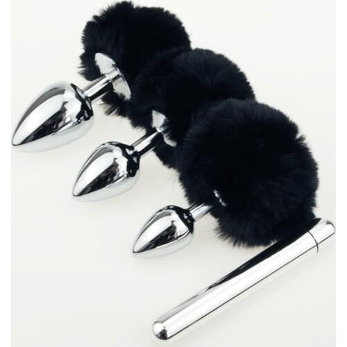 Cute Hairy Rabbit tail Anal Plug Women Role Play Metal Butt Bead Smooth Anal Dilator Set Adult Men