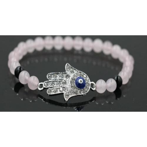 BPPCCR Stone pink quartz Beads Bracelet Women Lady SMicro Pave Black CZ Hamsa Hand Charm Bracelet Energy Yoga Mala Bracelets