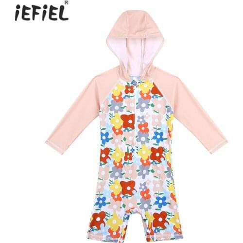 Toddler Infant Baby Girls One-piece Swimsuit Long Sleeve Flower Print Hooded Rash Guard Swimsuit Baby Girl Swimwear Bathing Suit