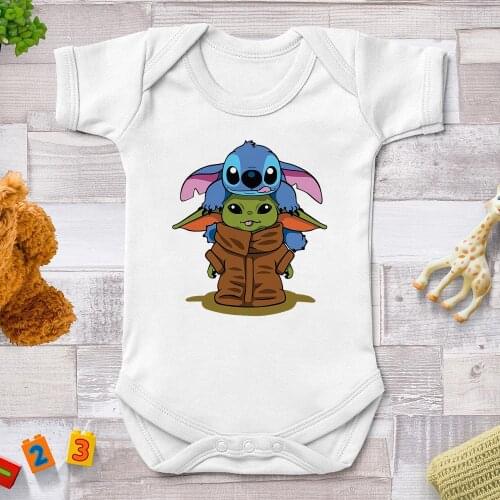 Baby Jedi And Lilo Stitch Printed Cute Cartoon Baby Rompers Newborn Summer White O-neck Jumpsuits Harajuku Baby Girl Boy Clothes