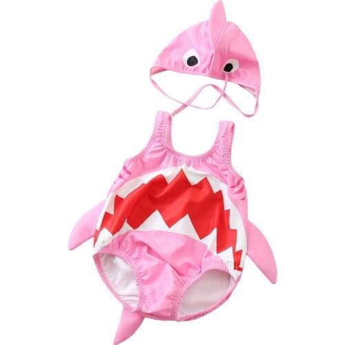 Ins Baby swimsuit one piece shark infant toddler swimwear boy girl baby cute bathing suit beach wear with hat YZ20038
