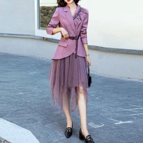 Two-piece Vintage mesh hight elastic waist skirts women Elegant office ladies belt blazer irregular autumn midi skirt suits