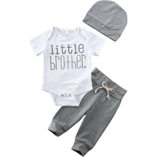 Little Brother Newborn Baby Boy Summer Clothes Set Short Sleeve Bodysuit Tops Pants Leggings Beanie Hat 3Pcs Infant Boys Outfits