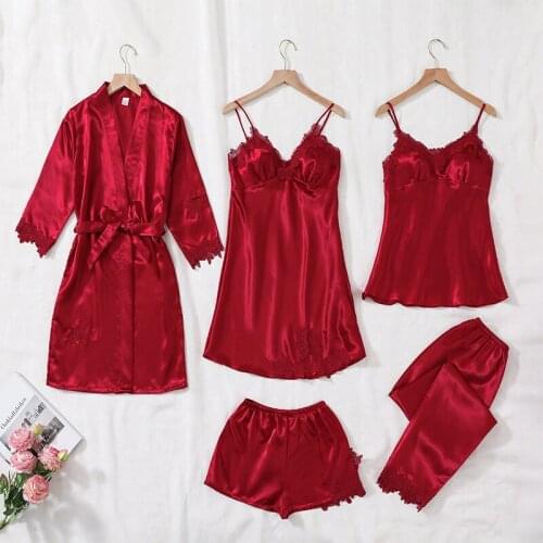 5PCS Lady Pajamas Set Sexy Lace Satin Kimono Gown Loose Thin Robe Suit Plus Size Homewear Strap Intimate Lingerie With Chest Pad