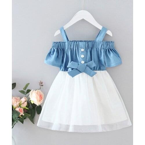Summer Kids Cowboy Tutu Princess Dress Baby Girls Off Shoulder Denim Beach Mesh Clothings