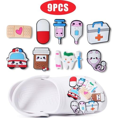 Hot Sale Medical 9pcs/lot PVC Shoe Charms Accessories Decorations Pill Blood Bag Viscera Tooth For Shoe Charms Kids X-mas Gift