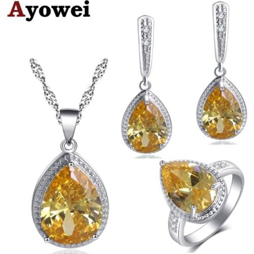 Hot Sale Set Water Drop Design Yellow Silver 925 Zircon For Girls party Gift Earrings Necklace Rings Jewelry Sets JS739A