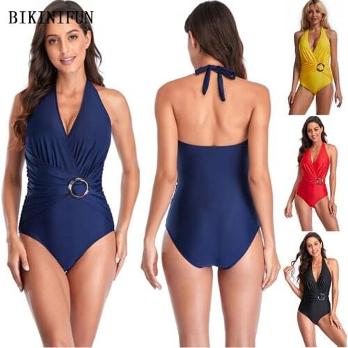 2021 New Cross Chest Monokini Women Deep V One Piece Suit Solid Beachwear S-2XL Girl Plus Size Swimsuit Backless Halter Swimwear