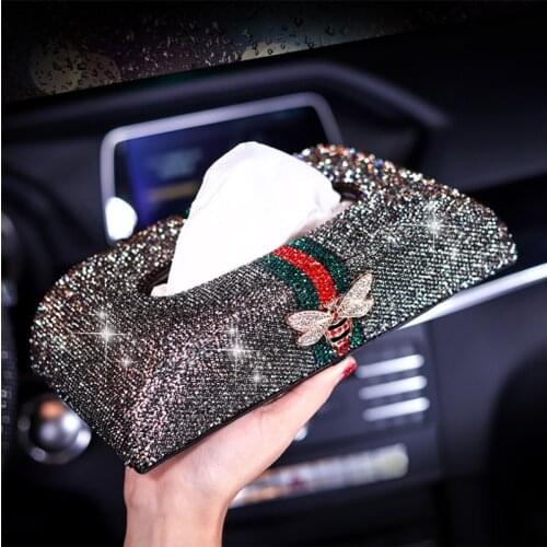 Car tissue box creative Bling crystal desktop storage box rhinestone bee rectangular tissue holder car interior accessories