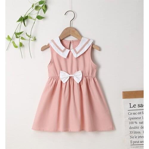 2021 New Arrivals Girls Summer Style Sleeveless Turn-down Collar White Bow Pink Green Cute A-Line Girl Cake Dress 18M-6T