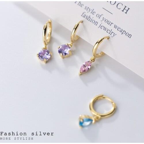 Authentic Real 100% 925 Sterling Silver Jewelry Solitaire Colored Crystal Round Square Waterdrop Hoop Huggie Earrings C-G8687