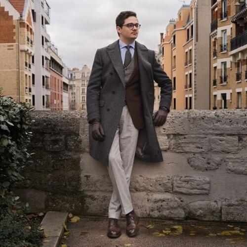 England Style Woolen Overcoat Mens Loose Double Breasted Warm Mid-Length Trench Coat Male Thick Jacket