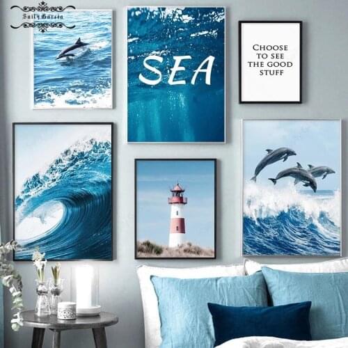 Blue Ocean Wave Nature Seascape Canvas Painting Dolphin Lighthouse Posters and Prints for Living Room Nordic Wall Art Pictures