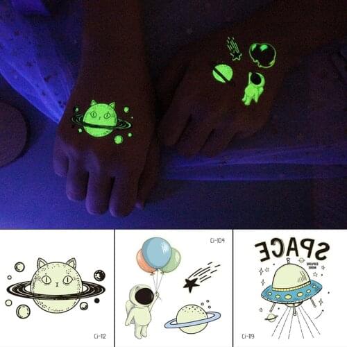 Explore Space Series Luminous Waterproof Temporary Tattoos Little Girl Boy Arm Cute Moon Astronaut Animals Stickers Wholesale