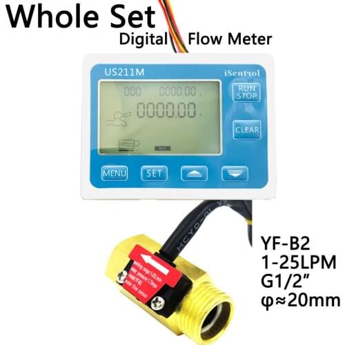 US211M Water Flow Meter Hall Water Flow Sensor Reader with YF-B2 1-25L/min Flow Displayer Totaliser Volume