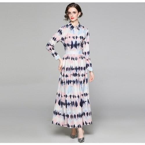 Runway Designer Pleated Maxi Dresses 2021 Autunmn Women Turn Down Collar Print Hight Waist Vintage Slim Long Party Dress