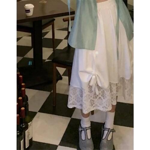 Bowknot Flower Hollow Lace Pleated Skirt Women Lace Stitching Irregular Midi Skirt Korea White Gothic Student Stretch High Waist