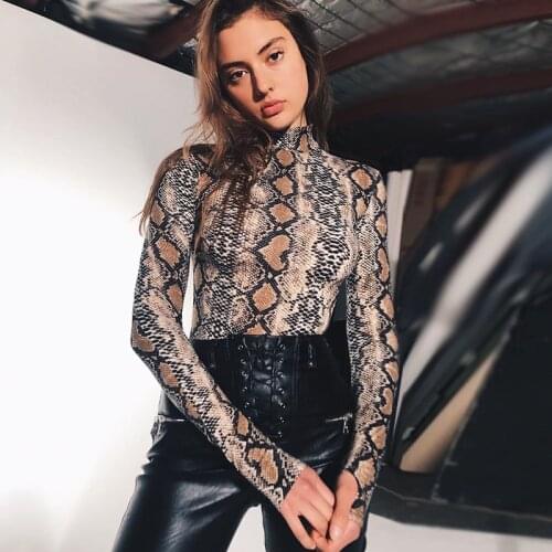 Ins Hot Sale Snake Print Tops One Piece Jumpsuit Women Sexy Bodysuit Long Sleeve High Neck Streetwear Female Clothing Bodysuits