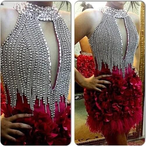 Fashion New Luxury Sequins Cocktail Dress Banquet Elegant Halter Wine Red Crystal Beading Prom Formal Gown Vestido De Festa