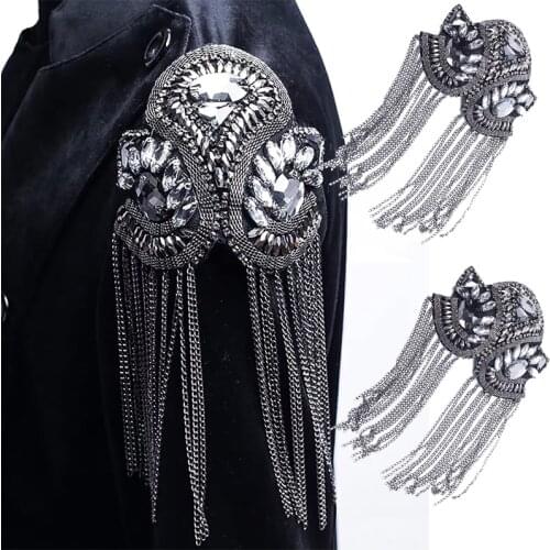 1pair Blazer Shoulder Beaded Tassel Chain Suit Epaulet Punk Fringe Tassel Rhinestones Shoulder Badge for Military Costume Party