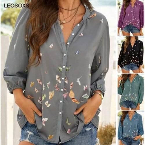 Womens Summer Blouses 2021 New Casual Loose Printing Top Long Sleeve Lapel Shirt Temperament Elegant Women Clothing