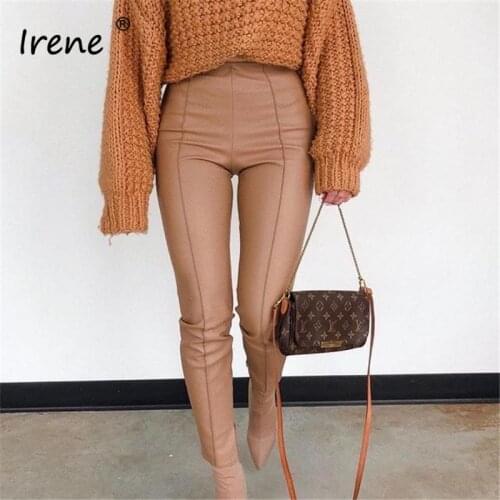 Irene Pu Leather Pants Women Sexy Bodycon Streetwear Brown Black Pencil Zip High Waist Pants Female Trousers