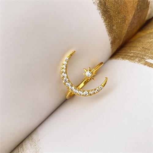 FNIO Minimalist Zircon Moon Star Leaves Opening Ring For Charming Women Party Fine Jewelry Cute 2021 Gift