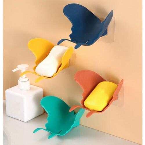 Butterfly Shape Soap Box No Drilling Wall Mounted Soap Holder Soap Sponge Dish Bathroom Accessories Soap Dishes Self Adhesive