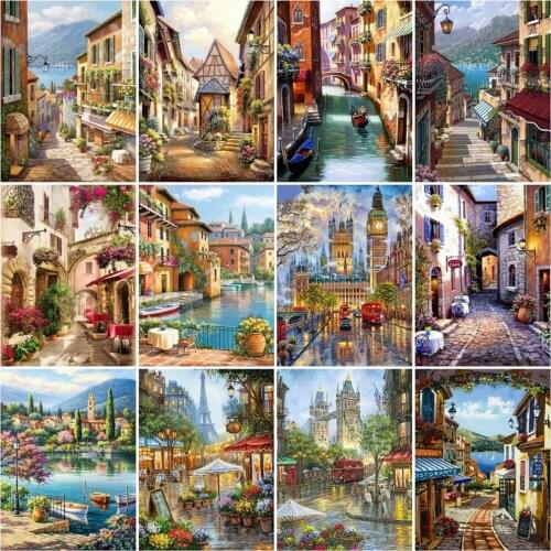 HUACAN Full Drill Diamond Painting City Street Scenery Embroidery Cross Stitch Rhinestones Picture Room Decor