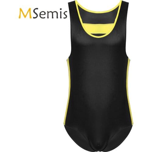 Swimwear Mens Swimsuits Round Neck Sports Swim Bodysuit Stretchy Patent Leather Patchwork Gymnastic Leotard Lingerie Underwear
