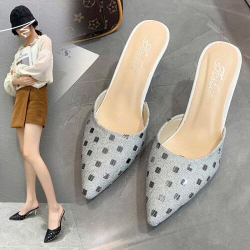 Fashion Womens Shoes 2021 Pointed Toe Baotou One Pedal Fabric Polka Square Point Sandals and Slippers Women Women Sandals