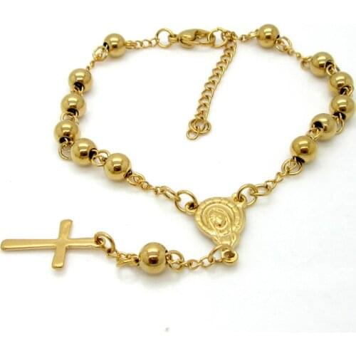 Fashion High Quality Length 220mm+40mm Stainless Steel Bead Women Bracelet With Cross Pendant Rosary Charm Bracelets For Woman