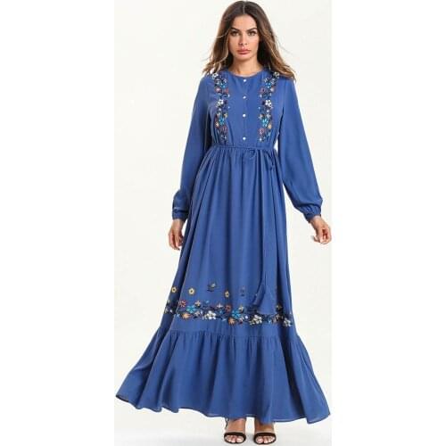 Muslim Dress Blue Long Sleeve Turkish Islamic Clothing Ruffle Pleated Muslim Dress Abayas For Women Kaftan Dubai Clothing SL1492