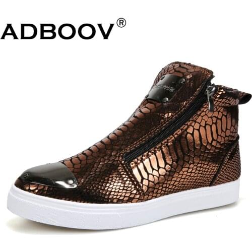 ADBOOV Mens Snake Design Shoes Casual Loafers Black Golden Silver Fashion Zipper Skate Shoes For Man