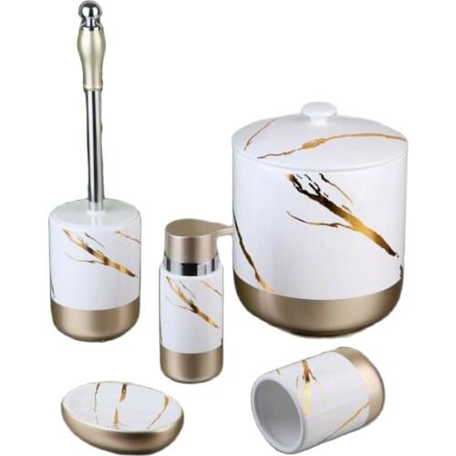 5 Piece Bathroom Set Luxury Bathroom Accessories Plastic Toothbrush Holder Cup Soap Dispenser Dish Toilet Brush Holder Trash Can
