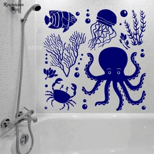 Underwater World Marine Animal Octopus Jellyfish Crab Ocean Vinyl Home Decor Bathroom Washroom Wall Sticker Adhesive Mural B-05