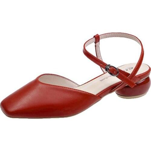 New Spring Autumn Shoes 2021 Lovely Red Temperament Square Toe Back Empty Slingbacks Low Heel Lady Sandals Pumps With Buckle