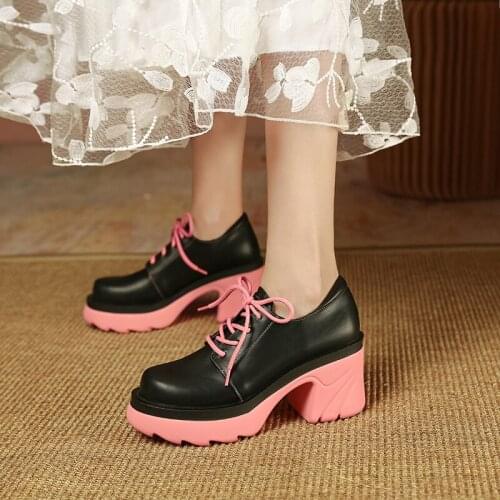 MKKHOU Fashion Single Shoes Women New Leather Lace-up Platform Shoes Thick Heel 8cm High Heel Ladies Casual Platform Shoes