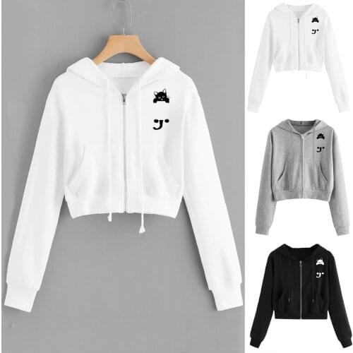 2021 Hot Women Casual Cat Print Tops Long Sleeve Zipper Pocket Shirt Hooded Sweatshirt Tops High Quality Comfy Daily Sweatshirt
