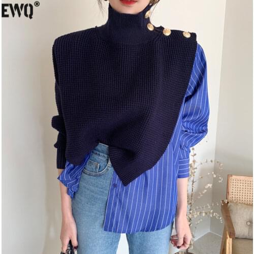 [EWQ] Korean Chic 2021 Autumn High Collar Side Buttons Fake Two-piece Shirt Stitching Striped Bubble Sleeve Sweater Blue women