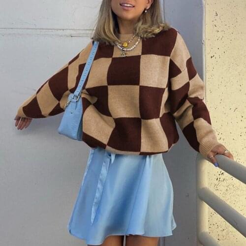 Y2k Printed Checks Knitted Sweater Casual Loose Long Sleeve Street Round Neck Pullover Sweater Women Autumn Fashion Pullover Top